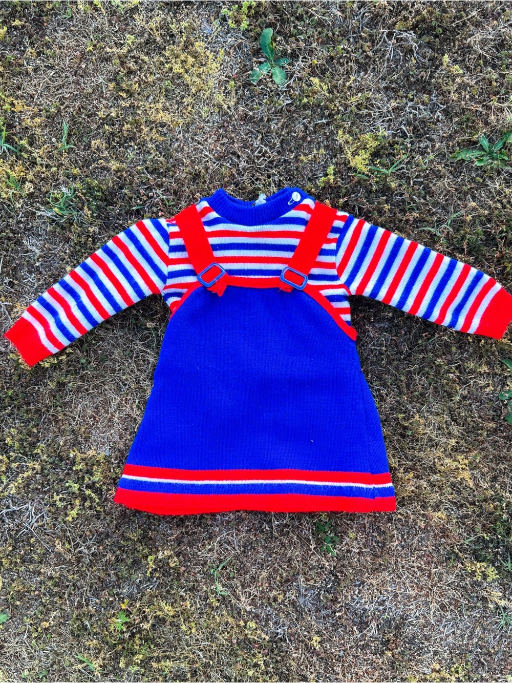 Montgomery Ward Toddler Blue & Red Knit Pinafore Dress Striped Top